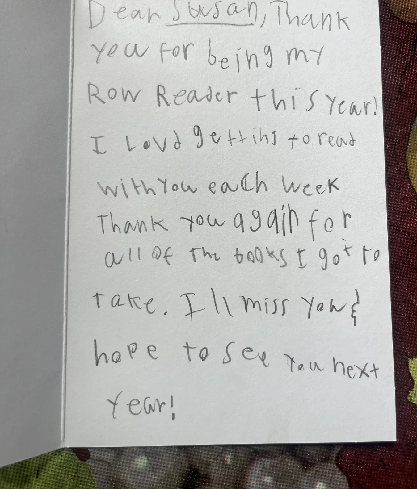 A handwritten end-of-year thank-you note from a student to a ROW reader