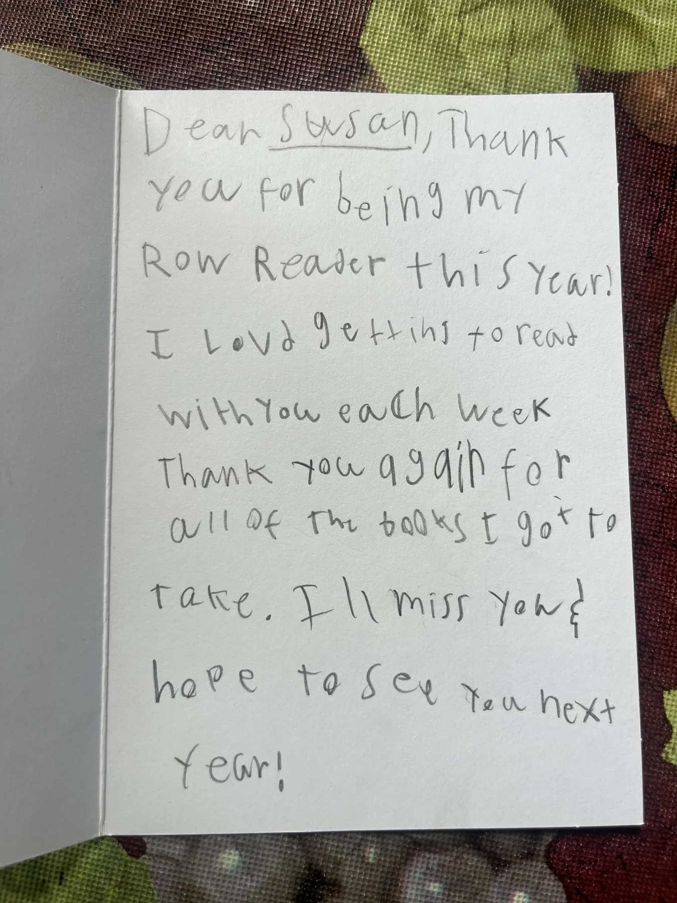 A handwritten end-of-year thank-you note from a student to a ROW reader